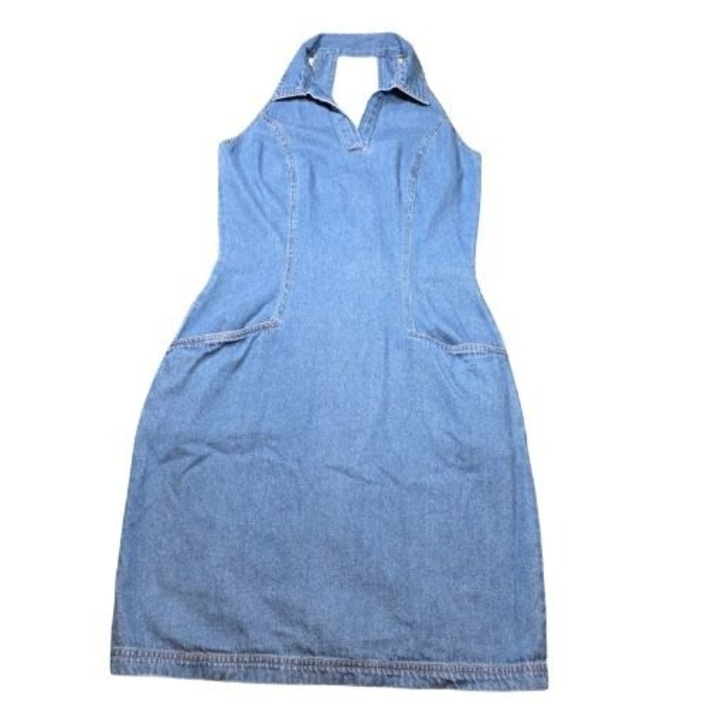 Vintage Blue Denim Halter Dress Collared V-Neck Open Back Midi Pockets 90s Y2K